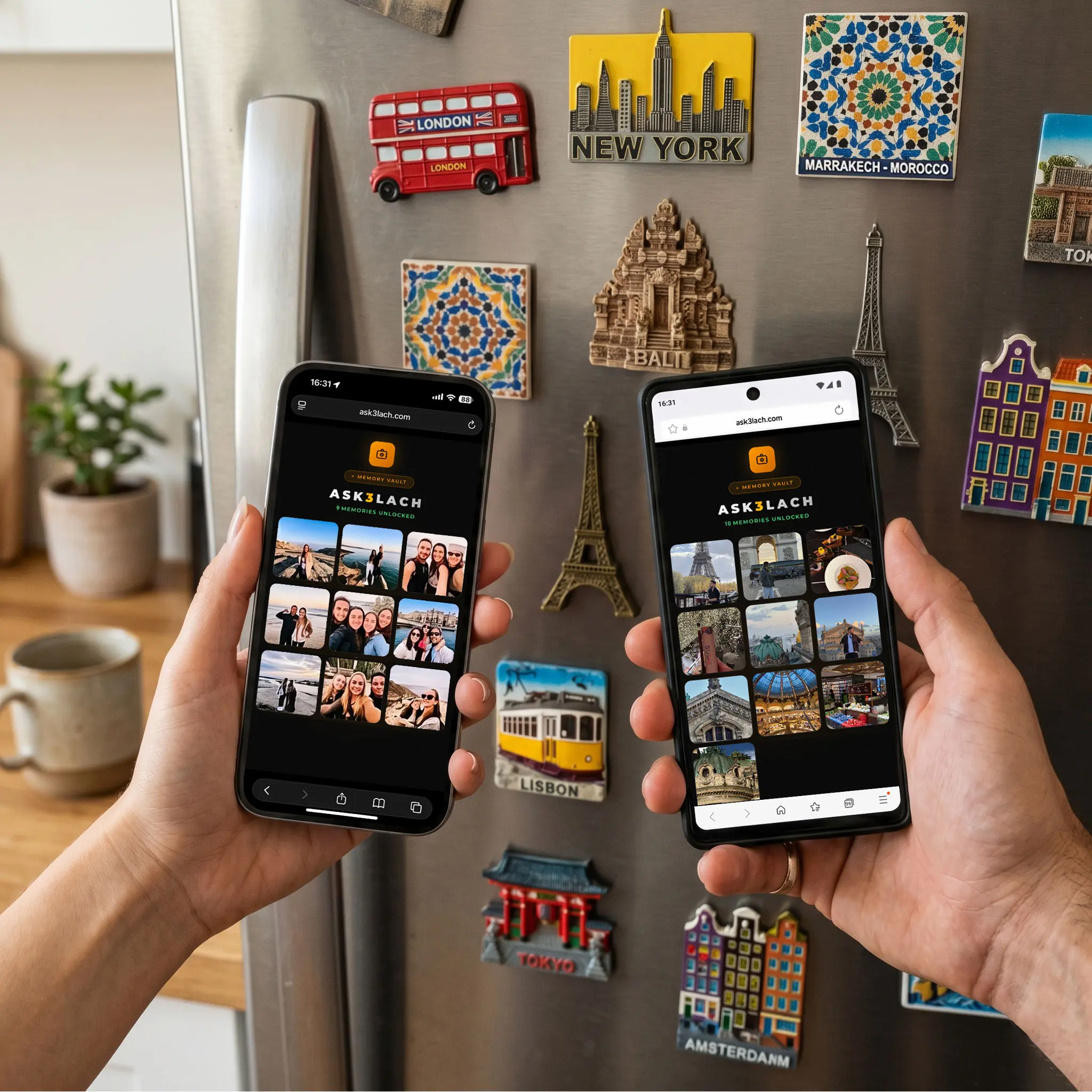 Hands holding smartphones showing digital photo memories in front of a fridge with travel magnets