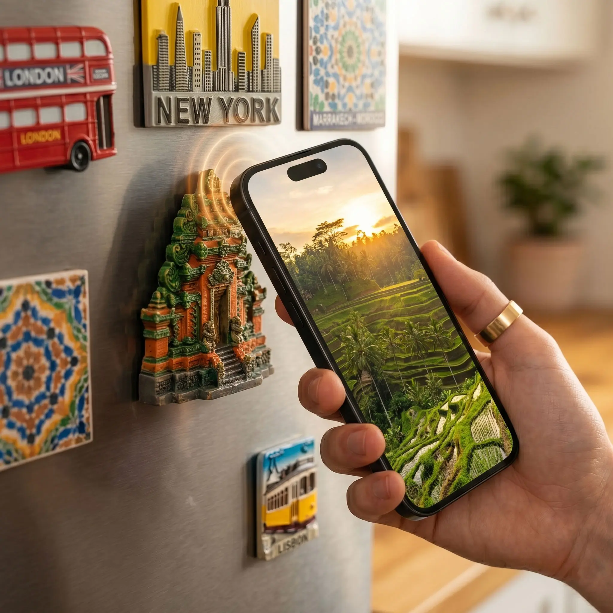 A smartphone tapping against a beautifully detailed temple magnet on a fridge, revealing a vibrant landscape photo on the screen